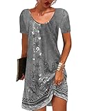 GRMLRPT Damen Kurzarm Rundhals Kleid Bohemian Blumen Sommerkleider MiniKleid Blumendruck Lose Tunika Freizeitkleid(Grau,L)