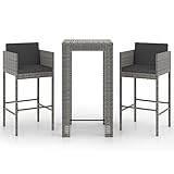 vidaXL Gartenbar Set 3-TLG. mit Kissen Theke Bar Tresen Gartentheke Bartisch Stehtisch Barhocker Barstuhl Gartenmöbel Poly Rattan Grau