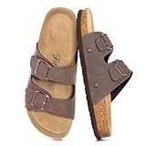 FITORY Damen Pantoletten mit Kork-Fußbett Leder Bequem Rutschfest Sandalen Frauen Sommer Latschen Schlappen Hausschuhe verstellbaren Riemen Größe 37-43 bräunlichgelb Größe 39