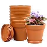 Homeuouz 8 Packs Blumentopf mit Untersetzer, 10cm Pflanzentopf, Plastik Übertopf mit Mehrere Ablauflöchern, Hydrokultur Topf, Blumentöpfe Set Ideal für Innen und Balkongärten,Terrakotta
