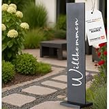 Willkommensschild Dekoaufsteller Willkommen aus Metall 77 cm Säule Gartenschild Haustürdeko Eingangsdeko Metalldeko schwarz Haustür Aufsteller Standschild für Hochzeit, Terasse, Wohnung, Garten