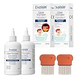 Evolsin® Läuseshampoo Doppelpack & 2 Läusekämmen für Erwachsene & Kinder ab 6 Monaten – bei Befall von Haaren mit Nissen & Kopfläusen – 240ml Läusemittel – wirkt in 15 Minuten
