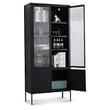 Coemo Glasvitrine - Vitrine Tokio Schrank Modern für Küche, Flur und Wohnzimmer Möbel zur Aufbewahrung - Metall Vitrinenschrank in Schwarz Regal mit Türen und Einlegeböden - Hochschrank für Bücher