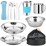 Campingbesteck Set, 10 Stück Edelstahl Besteck mit Teller, Schüssel,Tasse,Gabel, Löffel und Bestecktasche,Aufbewahrungstasche, Leicht für Camping, Wandern und Picknicks