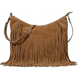 Sunwel Fashion Damen-Hobo-Tasche mit Fransen, Western-Geldbörse, Umhängetasche, veganes Wildleder, Quaste, Hippie-Umhängetasche, Braunes Band