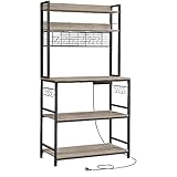 VASAGLE Küchenregal, Standregal mit Steckdosen, Mikrowellen-Regal, mit Gitterplatte, 14 Haken, 40 x 80 x 170 cm, Greige-schwarz KKS025B02EU