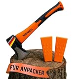 TronicXL Handbeil + 2X Keil klein I Beil 600g - Fiberglasstiel - Kompakt - Anti Rutsch Griff - Zur präzisen Bearbeitung von Holz/Axt mit Schnittschutz/Spaltbeil/Camping