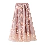 Tüllrock Damen Lang Rock Elegant Vintage Stickerei Elastisch High Waist A Linie Swing Midi Sommer Faltenrock Plisseerock Winterrock Maxirock Frauen Festlich Fee Tutu Rosa Blume L