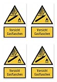 Aufkleber: 112.5x75 mm, 4 Stück - Vorsicht Gasflaschen - Warnzeichen mit Text (deutsch) (gelb/schwarz) - hochkant - W029 - DIN EN ISO 7010 / ASR A1.3