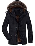 FTCayanz Herren Warme Winterjacke Parka Lang Wintermantel Mit Kunstfell Kapuze Outdoor Gefütterte Steppjacke Jacke Schwarz 3XL