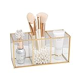 SLHEQING Make up Organizer, Pinselhalter, Stifthalter, Glas und Messing Schreibtisch Organizer, Kosmetik Aufbewahrung für Pinsel, Eyeliner, Lippenstift (Gold A)