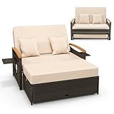 COSTWAY 3 in 1 Polyrattan Sonnenliege, Gartenliege mit Verstellbarer Rückenlehne & ausklappbarem Seitenablage, Loungebett, Doppelliege mit Auflage, Gartensofa mit Hocker für Garten, Terrasse (Beige)