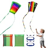 TranRantic 2 Stück Taschendrachen für Kinder, Regenbogen Drachen für Jungen Mädchen mit Langen Schwänzen, Tragbar Lenkdrachen für Anfänger, Einfacher Kinderdrachen für Strandspiel Outdoor Geschenk