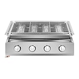 4-Flammen Gasgrill Edelstahl Gasbräter LPG Gastrobräter BBQ Tischgrill mit 4 Brenner Höhenverstellbar Abnehmbarer Gas Grill Rauchfreie Gasgrill Tragbar Gas Grill für Camping, Balkon, Garten