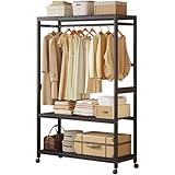 Bambus-Kleiderständer mit Ablagen und Rollen, langlebige Garderobenleiste mit Schuhregal und Kleiderstange, für Schlafzimmer und Flur, Stilvoll, Schwarz, 83 cm