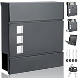 MONZANA® XXL Briefkasten Postkasten mit Zeitungsfach Sichtfenster abschließbar 2 Schlüssel Montagematerial Stahl modern einfache Montage Zeitungsrolle Wandbriefkasten Anthrazit