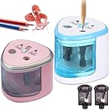 2 Stück Elektrischer Anspitzer, Elektrischer Bleistiftspitzer für Doppelloch für 6-8mm und 9-12mm für Schulen Haushalte alle Bleistifte Buntstifte Wachsmalstifte und Eyeliner (Blau+Pink)