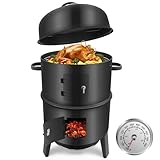 kisidus 3 in 1 Räucherofen, Holzkohlegrill mit Deckel, Smoker Grill mit Räucherhaken und Thermometer, Grilltonne Räuchergrill Campinggrill, Multifunktionsgrill für Räuchern, Grillen & Garen, Schwarz