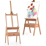 COSTWAY Staffelei Holz groß, 194,5 cm Leinwand Ständer mit Ablage und Schublade, Holzstaffelei höhenverstellbar, Malstaffelei für Leinwände bis 92 cm, Atelierstaffelei für Künstler, Hochzeit