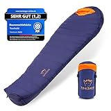Tourbold Daunenschlafsack Outdoor | 3 Jahreszeiten | Ultraleicht (1250 g) | Kleines Packmaß | Extra Langer Reißverschluss | Komfort-Schnitt | Mumienschlafsack | Camping Trekking Bergsteigen