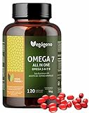 OMEGA 7 ALL IN ONE, Sanddornöl mit Omega 3-6-7-9 und natürlichem Vitamin E. 120 Vegane Flüssigkapseln; Palmitoleinsäure (Omega 7), Nicht-GVO. Glutenfrei. VEGAN. Sea Buckthorn Oil.