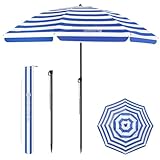HOMEDEMO Sonnenschirm Strandschirm, Ø 180 cm Gartenschirm Marktschirm, Terrassenschirm mit Bodenhülse & Drehstange & Schutzhülle, Blau-Weiß Streifen rund Sonnenschutzschirm UV50+ Schutz