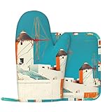 Bunte griechische Windmühlen-Ofenhandschuhe und Topflappen-Sets mit 1 linken Silikon-Ofenhandschuhen und 1 isolierten hitzebeständigen heißen Pads für die Küche beim Kochen, Backen, Grillen