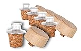 5er-Pack Kunststoff-Ausgießer mit Holz-Deckel und Kork-Stopfen | schmal | geeignet für Öl, Essig, Spirituosen oder Liköre