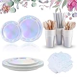 Vexillic Partygeschirr, 200 Stück Pappteller Set, ​Papier Geschirr Set Partyzubehör Einschließlich Holz Messer Gabel Löffel Teller Becher Servietten für 25 Gäste (Laser Silber)