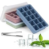 Eiswürfelform Silikon Eiswürfelbehälter mit Deckel, 3 Stück 45 Fach Große Quadratische Eiswürfel 3.5cm, Ice Cube Tray für Whisky, Cocktails（Blau+Rosa+Grün）