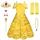 Vicloon Belle Prinzessinnenkleid, Belle Kostüm Mädchen mit Diademe & Zauberstab, Mädchen KostümWeihnachten Halloween Verkleidung Fasching Karneval Cosplay Geburtstag Partykleid (4-5 Jahre)