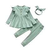 Derouetkia Baby Mädchen Kleidung Kleinkind Mädchen Rüschen Tops Langarm Hose mit Stirnband Outfit Set, Grün, 12-18 Monate