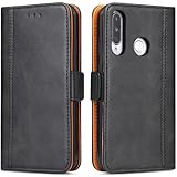 ROJIOJIO Handyhülle für Huawei P30 Lite, Leder Handytasche Kartenfach Klappständer Magnetisch Lederhülle für Huawei P30 Lite Hülle, Schwarz