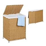 Relaxdays Wäschekorb mit Deckel, Rattan-Optik, Wäschesack 90 l, HBT: 60x46x34 cm, Wäschebehälter geflochten, braun/beige