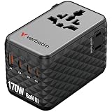 Verbatim GaN Universal Reiseadapter 170W Schwarz, Steckdosenadapter und 3X USB-C, 1x USB-A, 2X USA/JP Anschluss, Schnellladegerät für MacBook, Laptop, iPhone 17 & mehr, weltweit einsetzbar
