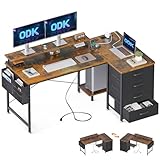 ODK Schreibtisch L Form, 140x80x84.7cm Eckschreibtisch Reversibel mit 4 Schubladen&Monitorablage, Tisch L Form mit 2 USB-Ladeanschluss&2 Steckdose für Homeoffice, Braun