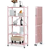 BRIAN & DANY Klappbares Regal mit Rollen, 5 Etagen Faltbare Schwerlastregal, Metallregal Rosa, Lagerregal, Klappregal für die Küche, Büro, 65 x 33 x 150 cm