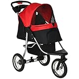 PawHut Hundewagen Hundebuggy Katzenbuggy Pet Stroller mit 3 Rädern klappbar Hunde Katze Oxford Rot+Schwarz 109,5 x 54,5 x 106,5 cm