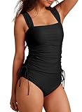 Dokotoo Damen Tankini Set Raffung Bauchweg Zweiteiliger Badeanzug Tankinis Oberteil mit Slip Große Größen Bademode Swimsuit, schwarz, XL