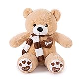 YunNasi Teddybär Groß Riesen Teddy Bär Hellbraun 100cm Plüschtier Kuscheltier Stofftier Teddybär mit Herz und Schal