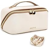 Prite Große Kapazität Kosmetiktasche Tragbare Reise Make Up Tasche wasserdichte PU-Leder Schminktasche oder Kulturbeutel mit Transparente Trenner und Griff(Beige)
