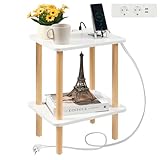 FORAOFUR Beistelltisch Holz, Beistelltisch klein mit Ladestation, Nachttisch klein, 2 Ebenen Telefontisch für Wohnzimmer, Schlafzimmer, Büro, H42xT32xB54cm, einfache Montage, schwarz, weiß