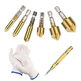 MENGON 6 Stück Kegelsenker Holz Metall Senker Set HSS Bohrer Senkbohrer Holzsenker Hitzebeständig Titan Senkkopfbohrer Ø 6-19 mm mit 1 Pack Messing Automatische Center Bohrer Punch und 1 Handschuh