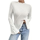 Langärmliges Damen-T-Shirt mit Stehkragen, Glockenmuster, Salatbesatz, Enganliegendes Shirt Slim Fit Cropped Tee Reversible T-Shirt Teenage Mädchen Rundhals Oberteile