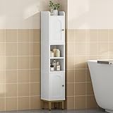 Hzuaneri Badezimmerschrank, Badschrank schmal mit 2 Türen und offenen Regalen, schmales Badregal, verstellbare Ablagen, 20 x 20 x 108,5 cm, Badezimmer Hochschrank, Aufbewahrungsschrank, weiß BC22413G