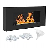 KRATKI Delta Flat Bioethanol-Kamin - TÜV-geprüfter Wandkamin - 0,4 Liter Biobehälter, echtes rauchfreies Feuer - 2 kg Dekosteine und Trichter inklusive - schwarzer Matter Stahl, 40 x 90 cm