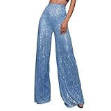 Glitzer Hose Damen Paillettenhose Weites Bein Hosen High Waist Glitzerhose Elegant Lang Freizeithose Party Festival Club Karneval Kostüm Glänzende 70er 80er Mottoparty Disco Outfit Clubwear Streetwear