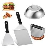 Smash Burger Set, Burger Smasher Set aus Edelstahl, 4-TLG. inkl. Burgerpresse, Grillspachtel, Pfannenwender und Burgerglocke, für Plancha, Gasgrill, Teppanyaki