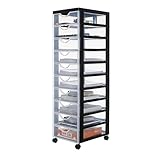 Iris Ohyama Kunststoff-Schubladenbox mit Rollen, 10 flachen Schubladen, Schwarz, Griffe zum Ziehen, Für Schlafzimmer, Schule & Büro, BPA-frei, Schubladenschrank, Rollcontainer, A4 Drawer, DDDC-010