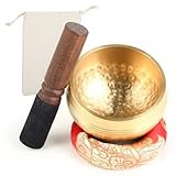 Tibetische Klangschalen Set - Klangschale, handgefertigt aus Messing, 8 cm Durchmesser, mit Holzklöppel, Unterlage und Stoffbeutel, für Achtsamkeit, Meditation, Stressabbau, Heilung, Yoga